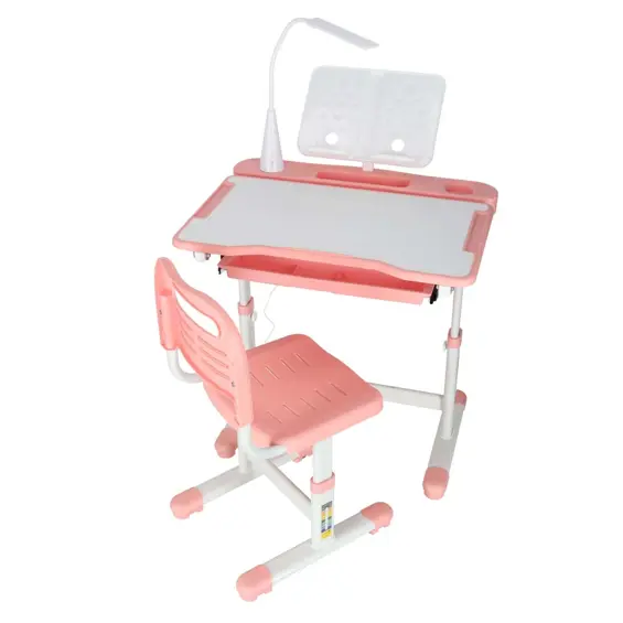 Ikonka KX2974_1 podesivi dječji radni stol sa stolicom i USB LED lampom – rozi