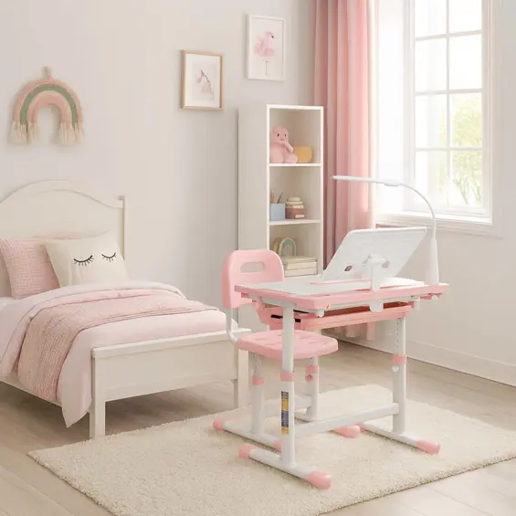 Ikonka KX2974_1 podesivi dječji radni stol sa stolicom i USB LED lampom – rozi