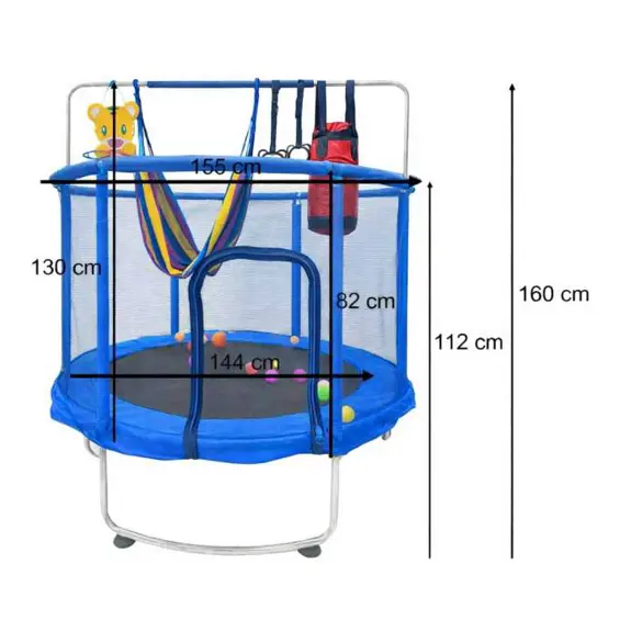 iKONKA-Trampolin za djecu s košem, visećom mrežom i boksačkom vrećom 155 cm – plavi
