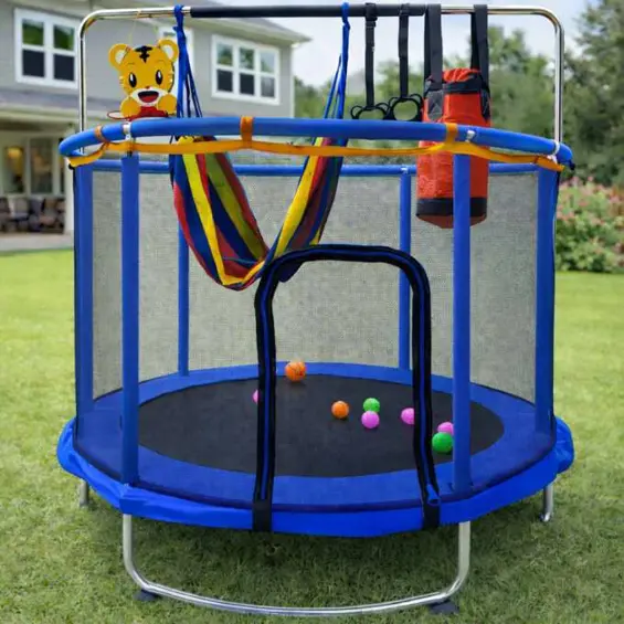 iKONKA-Trampolin za djecu s košem, visećom mrežom i boksačkom vrećom 155 cm – plavi