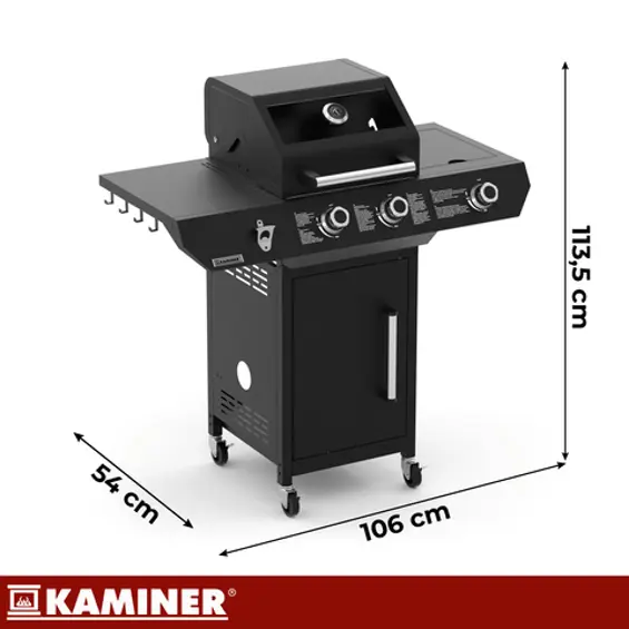 Kaminer Varen 3.0 Black Plinski Roštilj – 10 kW, 2+1 Plamenik, Bočni Plamenik, Ražanj i Zaštitna Navlaka