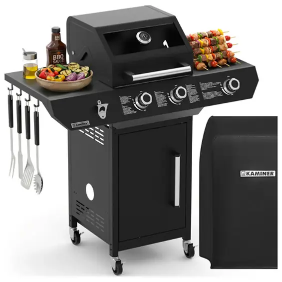 Kaminer Varen 3.0 Black Plinski Roštilj – 10 kW, 2+1 Plamenik, Bočni Plamenik, Ražanj i Zaštitna Navlaka