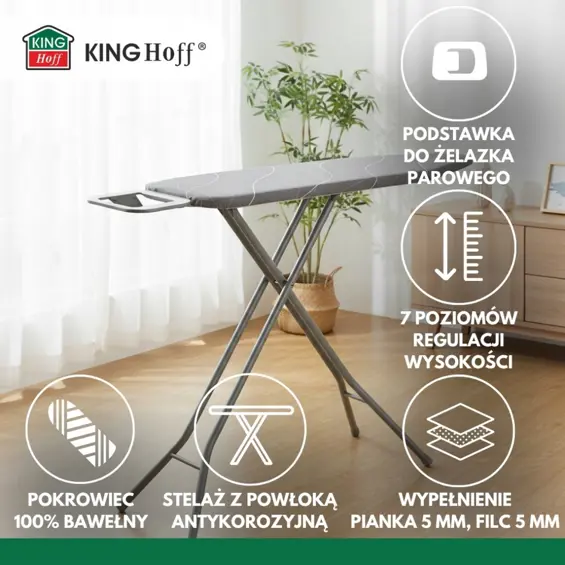 KINGHOFF KH-1939 Daska za Glačanje s Postoljem za Glačalo – 114 × 35,5 cm, 7 Razina Podešavanja Visine