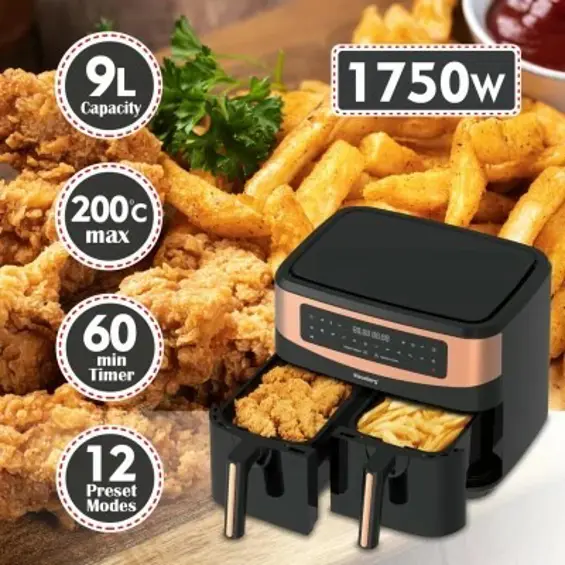 Klausberg KB-7589 friteza na vrući zrak 9 L – dvostruka košara 2 x 4,5 L, 1750 W