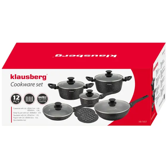 Klausberg KB-7657 Set Posuđa 12 Dijelova – Aluminij, Mramorni Neprianjajući Premaz, Indukcija
