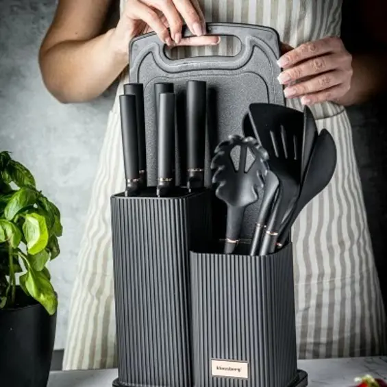 Klausberg KB-7835 set noževa i kuhinjskog pribora s daskom i stalkom, 12 dijelova – crni
