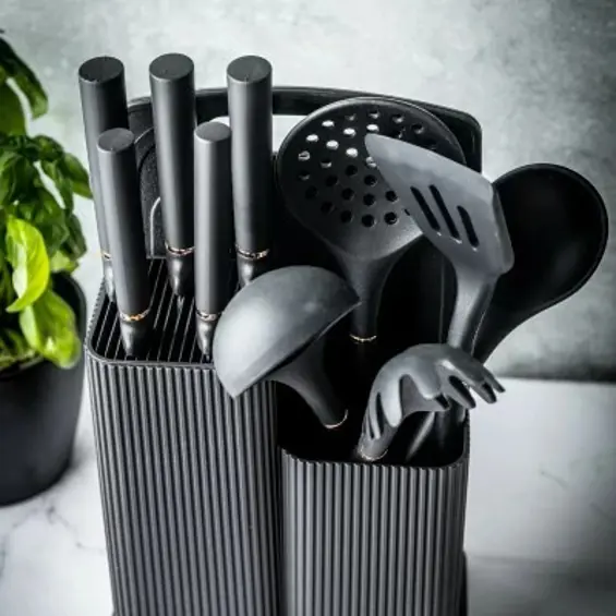 Klausberg KB-7835 set noževa i kuhinjskog pribora s daskom i stalkom, 12 dijelova – crni