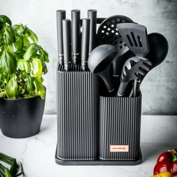 Klausberg KB-7835 set noževa i kuhinjskog pribora s daskom i stalkom, 12 dijelova – crni