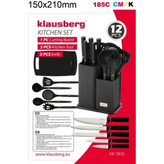Klausberg KB-7835 set noževa i kuhinjskog pribora s daskom i stalkom, 12 dijelova – crni