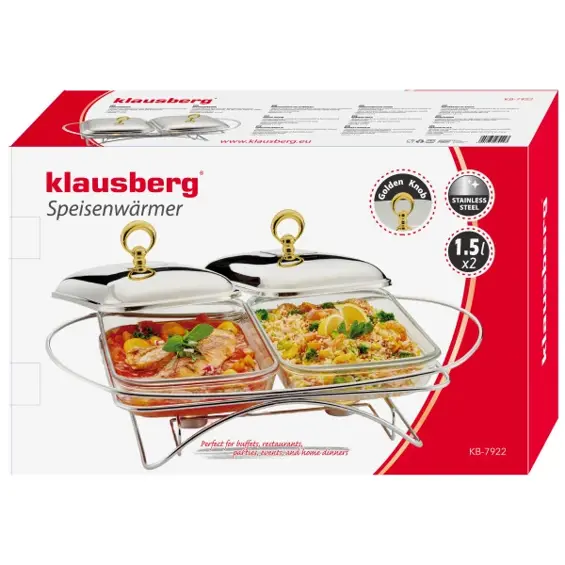 Klausberg KB-7922 Posuda za Održavanje Topline 2 × 1,5 L – Staklo, Nehrđajući Čelik, Grijanje Svijećama
