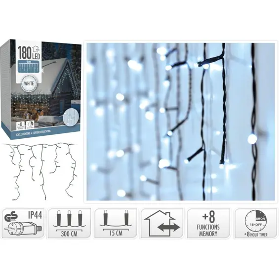 KOOPMAN 810203 – Božićne LED lampice sige 6 m, 180 LED, hladno bijele, 8 programa, timer, IP44