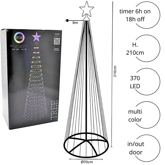 KOOPMAN – LED božićno drvce 210 cm, 370 RGB LED dioda, daljinski upravljač, IP44, crno