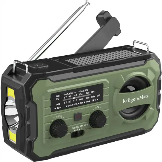 Kruger&Matz KM0837 Višenamjenski SOS Radio – 10000 mAh, Solarno Punjenje, Dynamo, AM/FM/WB