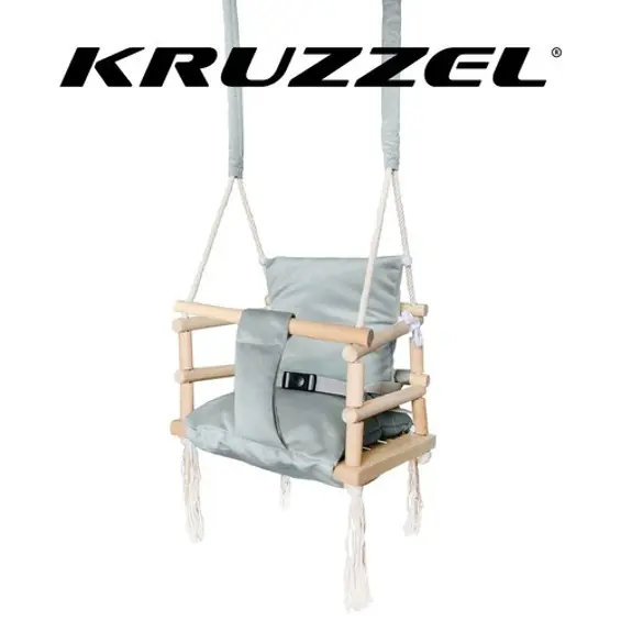 Kruzzel Dječja Ljuljačka za Bebe i Djecu – Drvena Indoor Swing Sjedalica s Jastukom, Siva