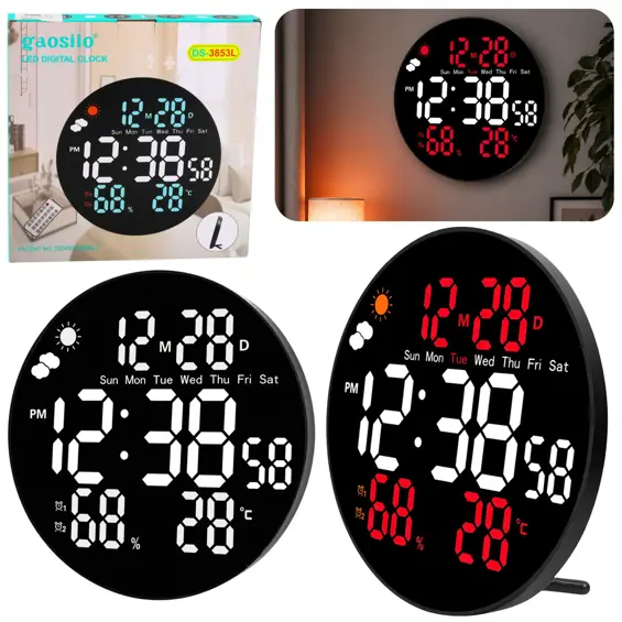 LEAN 31096 digitalni LED zidni sat 25,5 cm – temperatura, vlaga, datum, alarm i daljinski upravljač