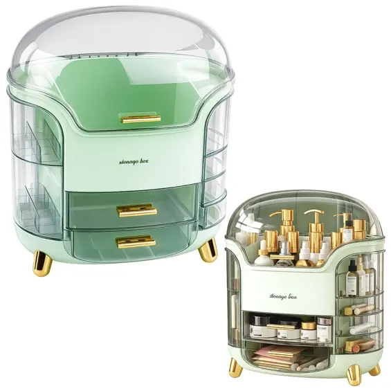 LEAN organizator za kozmetiku s 2 ladice i prozirnim poklopcem 34 × 30 × 20 cm – zeleni