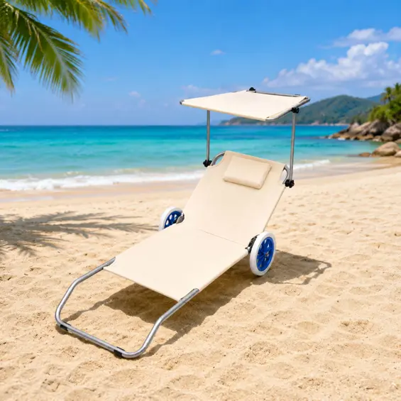 LEAN sklopiva ležaljka za plažu i vrt s kotačima, podesivim sjenilom i jastukom – krem