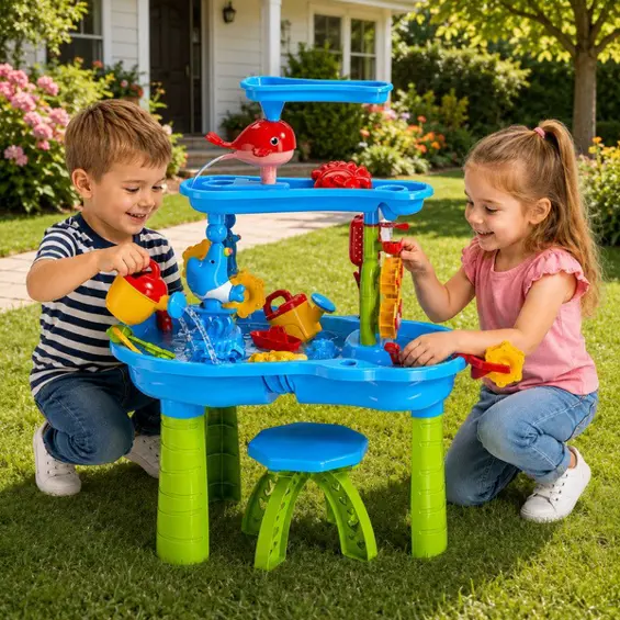LEAN Toys višerazinski stol za igru s vodom i pijeskom, stolica i pribor – 63 cm