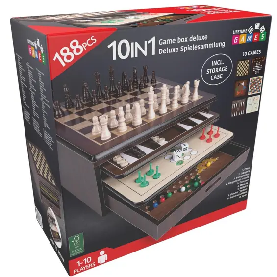 Lifetime Games Deluxe 10-u-1 set društvenih igara u drvenoj kutiji – 188 dijelova