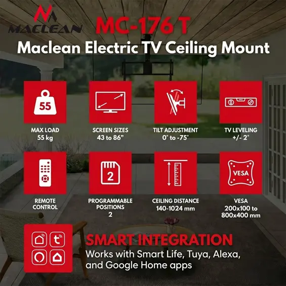 Maclean MC-176 T električni stropni TV nosač 43–86″, VESA 800 × 400, Tuya, do 55 kg