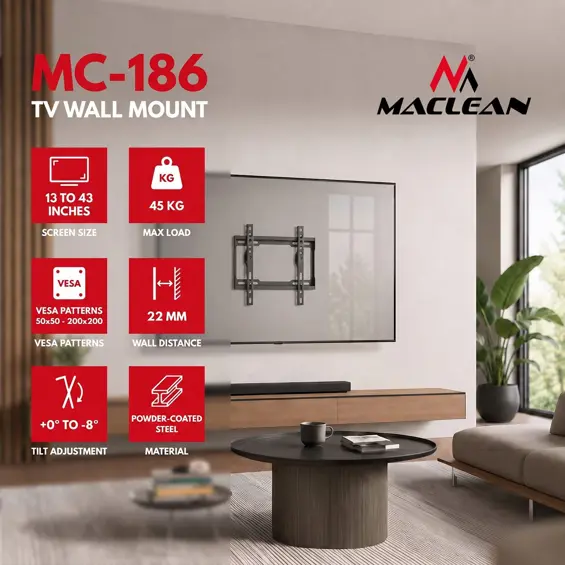 Maclean MC-186 Slim zidni nosač za TV 13–43", VESA 200 × 200, do 45 kg