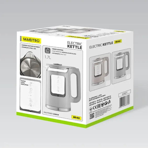 Maestro MR-065-BEIGE Električno Stakleno Kuhalo za Vodu 1,7 L – 2200 W s LED Osvjetljenjem