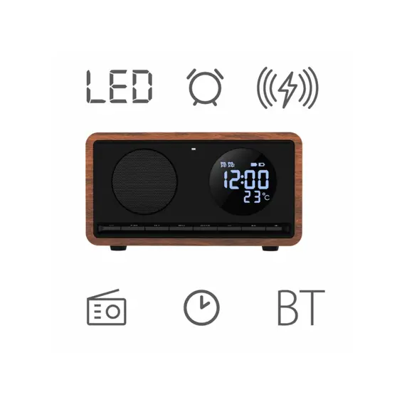 MANTA RDI912B Budilica s FM Radio, Bluetooth, QI Bežični Punjač, Veliki Zaslon, microSD i Baterija – Crna
