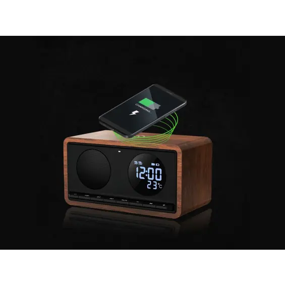 MANTA RDI912B Budilica s FM Radio, Bluetooth, QI Bežični Punjač, Veliki Zaslon, microSD i Baterija – Crna