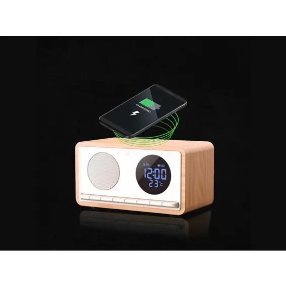 MANTA RDI912W Budilica s FM Radio, Bluetooth, QI Bežični Punjač, Veliki Zaslon, microSD i Baterija – Bijela