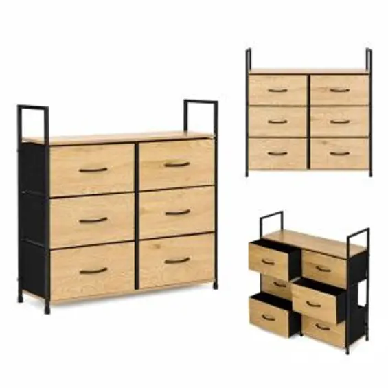 ModernHome GIC-C105-19 – Komoda sa 6 platnenih ladica, metalni okvir, 87 × 24 × 80 cm, hrast/crna