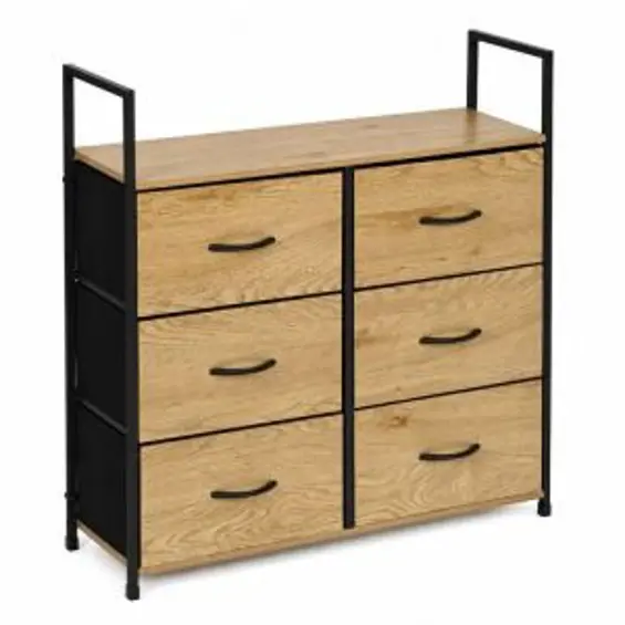 ModernHome GIC-C105-19 – Komoda sa 6 platnenih ladica, metalni okvir, 87 × 24 × 80 cm, hrast/crna