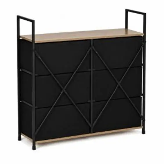 ModernHome GIC-C105-19 – Komoda sa 6 platnenih ladica, metalni okvir, 87 × 24 × 80 cm, hrast/crna