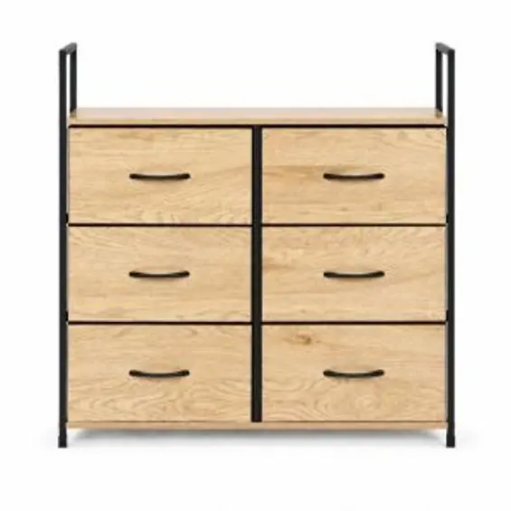 ModernHome GIC-C105-19 – Komoda sa 6 platnenih ladica, metalni okvir, 87 × 24 × 80 cm, hrast/crna
