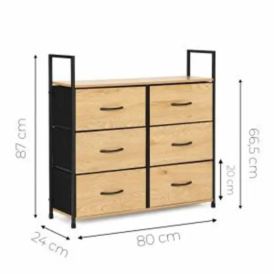 ModernHome GIC-C105-19 – Komoda sa 6 platnenih ladica, metalni okvir, 87 × 24 × 80 cm, hrast/crna
