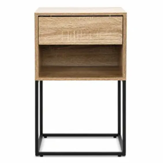 ModernHome GIC-NST65-15 – Noćni ormarić s ladicom i policom, 40 × 38,5 × 64,5 cm, svijetli hrast/crna