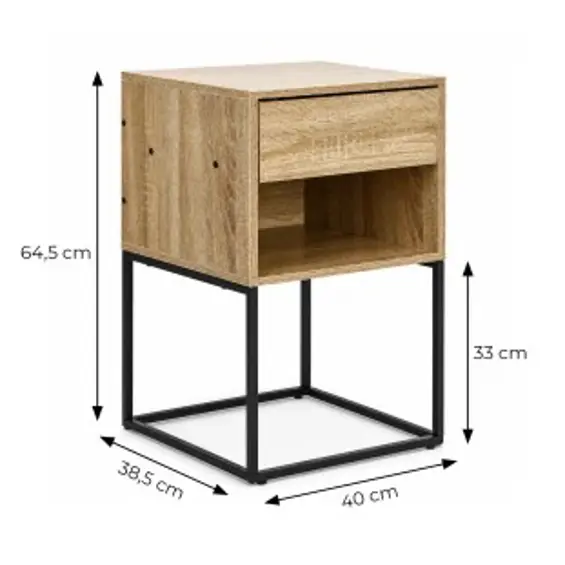 ModernHome GIC-NST65-15 – Noćni ormarić s ladicom i policom, 40 × 38,5 × 64,5 cm, svijetli hrast/crna