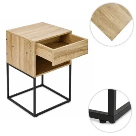 ModernHome GIC-NST65-15 – Noćni ormarić s ladicom i policom, 40 × 38,5 × 64,5 cm, svijetli hrast/crna