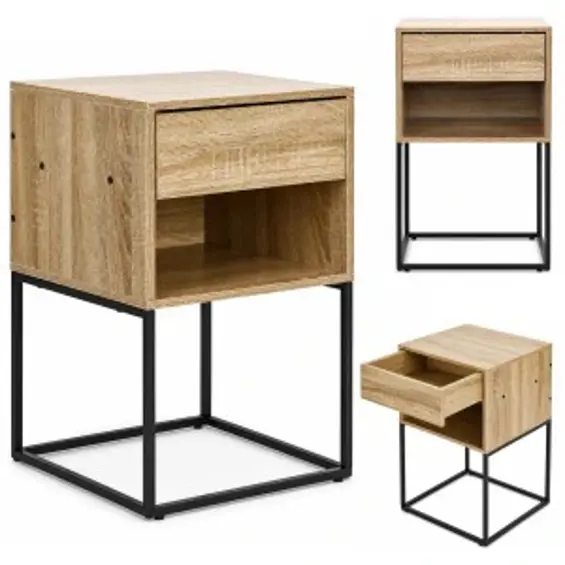 ModernHome GIC-NST65-15 – Noćni ormarić s ladicom i policom, 40 × 38,5 × 64,5 cm, svijetli hrast/crna
