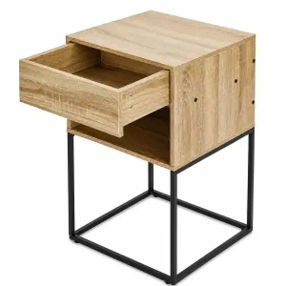 ModernHome GIC-NST65-15 – Noćni ormarić s ladicom i policom, 40 × 38,5 × 64,5 cm, svijetli hrast/crna