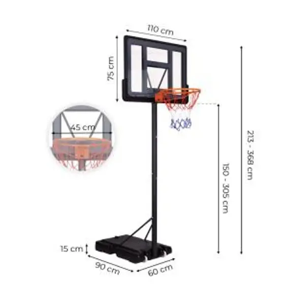 MovePro QSG-S003-21A – Samostojeći koš za košarku s podesivom visinom 150–305 cm, amortizirani obruč, mobilna baza