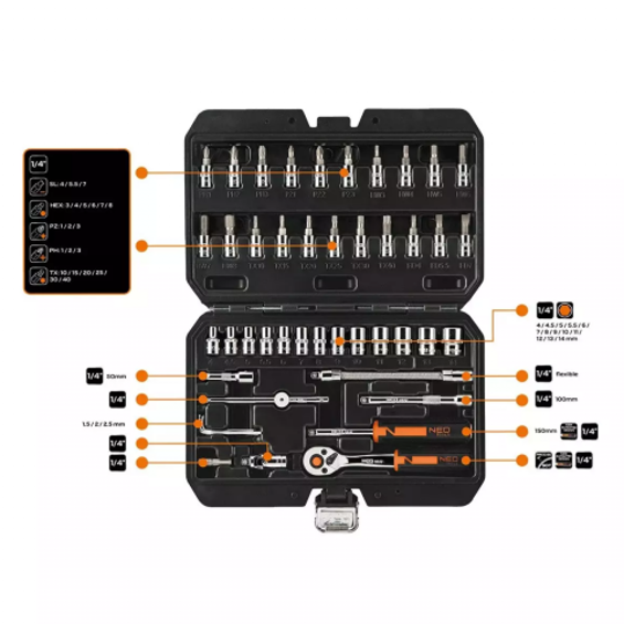 NEO TOOLS 10-004-1 – Set nasadnih ključeva 1/4", 46 dijelova, CrV čelik, EVA pjena