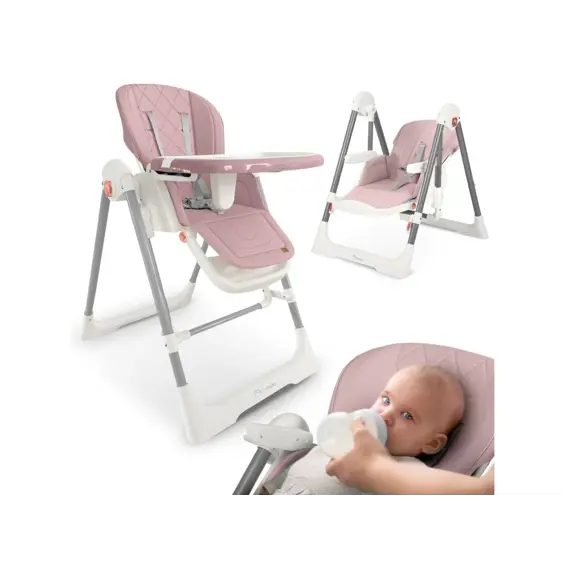 Nukido Elite dječja hranilica 3u1 ružičasta – stolica, ležaljka i ljuljačka, podesiva visina, 5-točkovni pojasevi