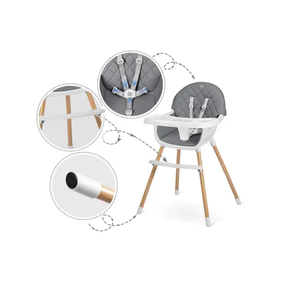 Nukido Lilo dječja hranilica 3u1 siva – podesiva stolica za hranjenje, odvojivi pladanj, 5-točkovni pojasevi