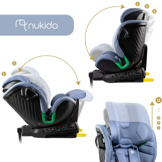 NUKIDO Shelly – Rotirajuća dječja autosjedalica 360°, i-Size 40–150 cm, ISOFIX, potporna noga, plava