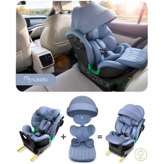NUKIDO Shelly – Rotirajuća dječja autosjedalica 360°, i-Size 40–150 cm, ISOFIX, potporna noga, plava