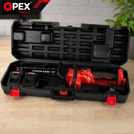 OPEX TOOLS OPX28015 akumulatorska lančana pila 12" 21 V s 2 baterije 3 Ah i koferom – brushless