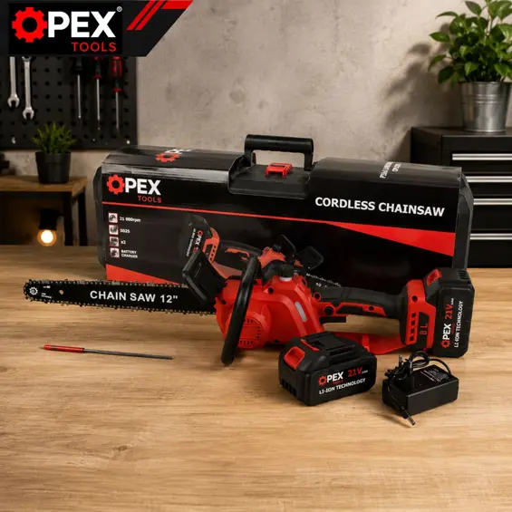 OPEX TOOLS OPX28015 akumulatorska lančana pila 12" 21 V s 2 baterije 3 Ah i koferom – brushless