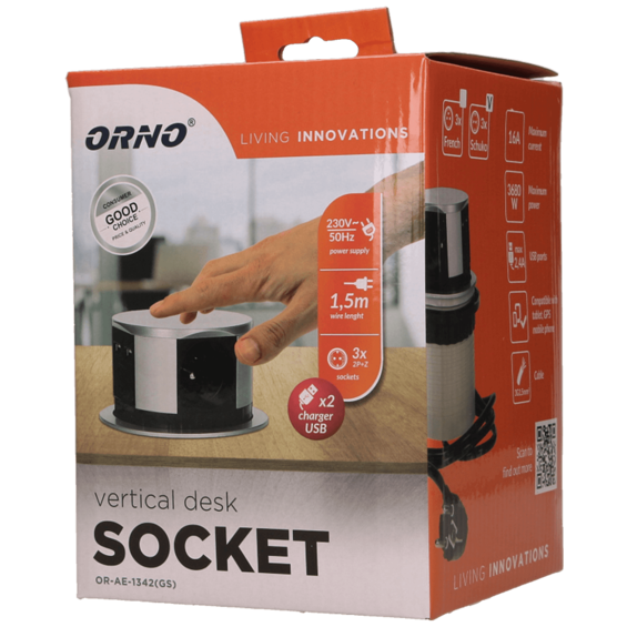 Orno Produžni kabel sa 3 x Schuko utičnice + 2 x USB, ugradbena - OR-AE-1342(GS)