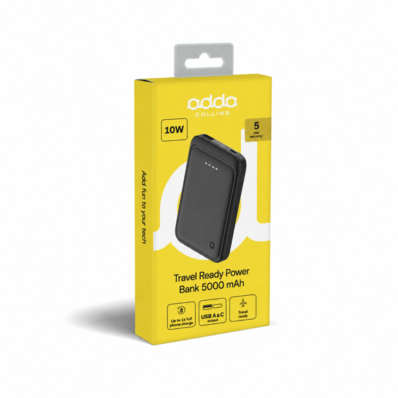 Powerbank Adda Collins PB-004-BK, 5000mAh, Micro i Type C ulazi, USB-A i Type C izlazi, 2A, crna