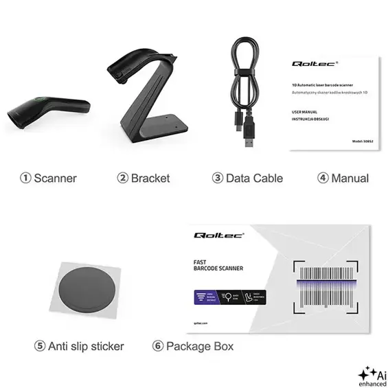 Qoltec 52750 – Žični čitač barkodova 1D/2D i QR kodova s postoljem, USB, crni